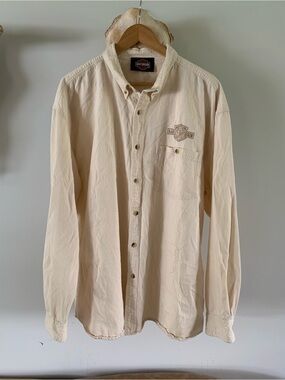 Harley-Davidson Men’s Light Cream Button-Down Shirt with Chest Logo